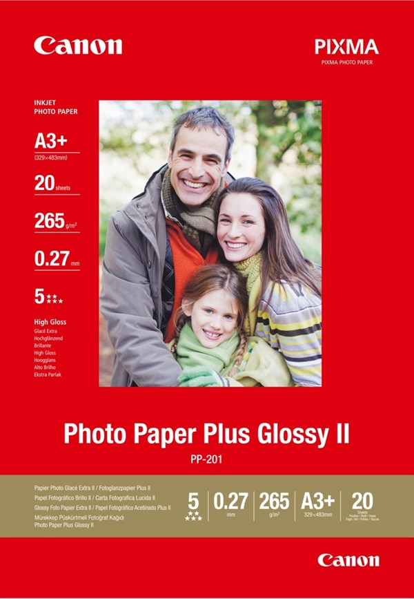 Se Plus Glossy II fotopapir inkjet A3 - Canon PP-201 - 265gr. - 20 ark hos Printerpatroner.dk