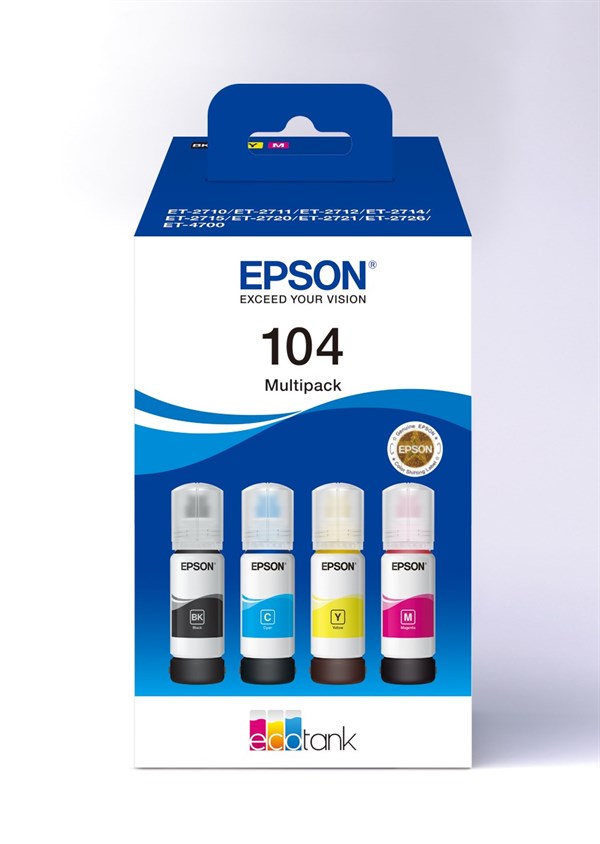 Billede af 4-Pak B/C/M/Y patroner (flasker) - Epson 104 - 4 x 65 ml. hos Printerpatroner.dk